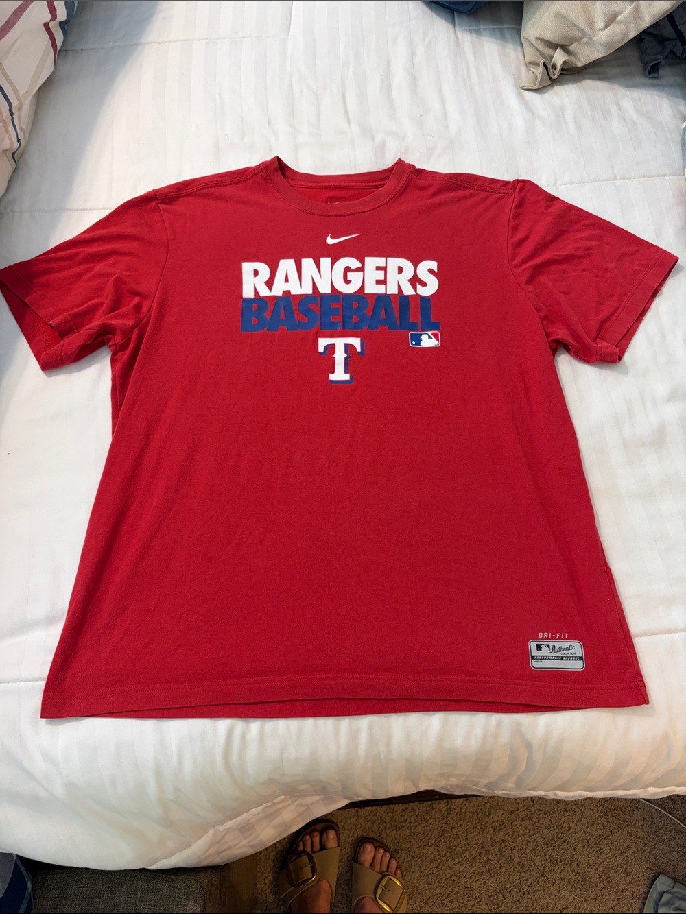 Nike Red Rangers Baseball Tee with White and Blue Lettering